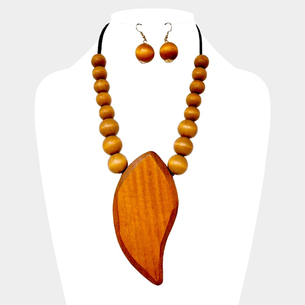 Brown Wood Geometric Abstract Statement Necklace Set